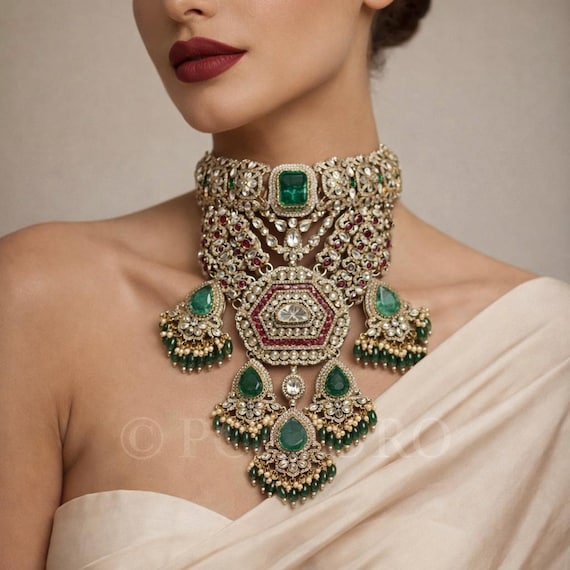 Emerald Green Kundan Polki Bridal Choker Set | Indian Wedding Jewelry Set with Earrings & Maang Tikka | Statement Bridal Necklace