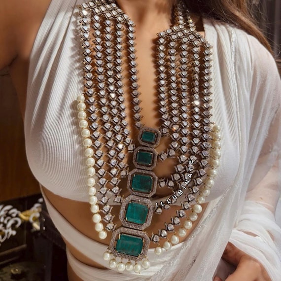 Sabyasachi inspired layered Green Emerald Moissanite Polki Necklace Set:  Polki Kundan Bridal Jewelry