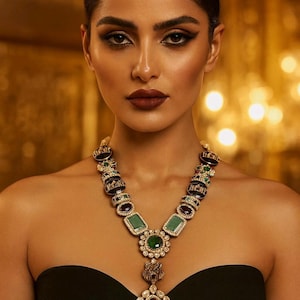 May include: A woman wearing a statement necklace with emerald green, ruby red, and clear gemstones. The necklace has a large pendant and is set against a black strapless top. The image has the text "© POSHARO".