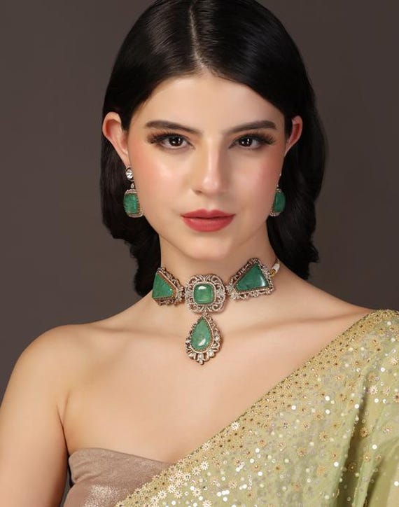 Sabyasachi Inspired victorian gold Plated fusion handcrafted natural green emerald real stone polki choker necklace set jewellery set