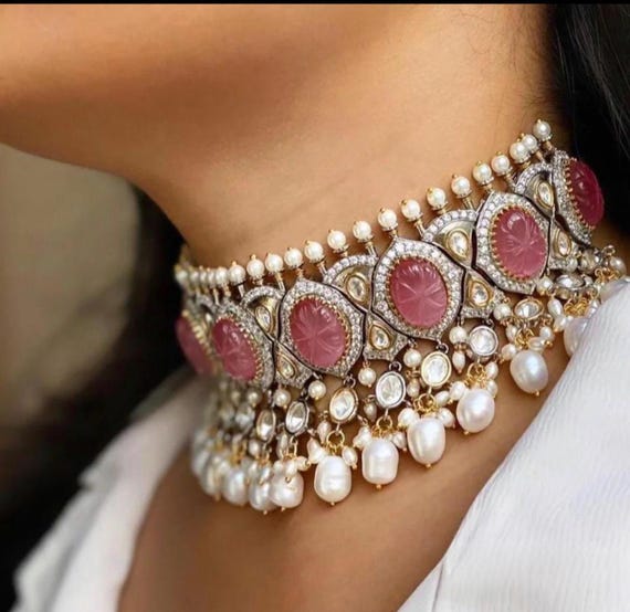 Sabyasachi Inspired fine Gold Plated fusion handcrafted pastel pink stones and Moissanite polki choker necklace set or jewellery set