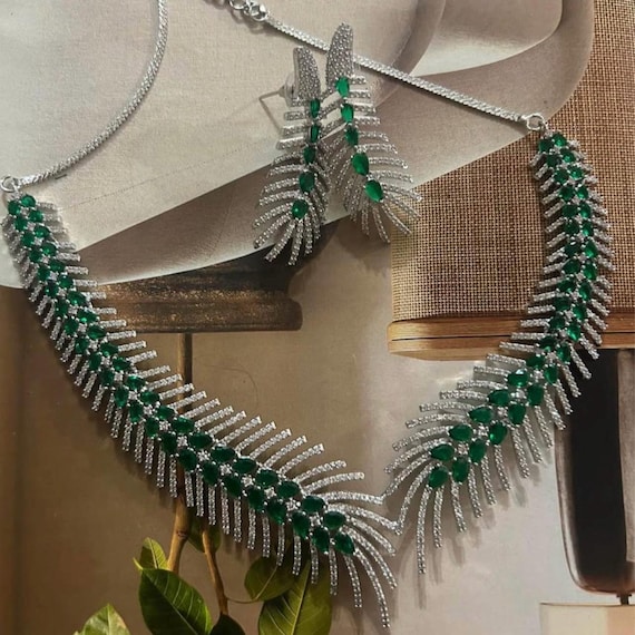 Sabyasachi Inspired green emerald CZ cubic zirconia premium quality jewelry set, necklace with earrings, American Diamond Set