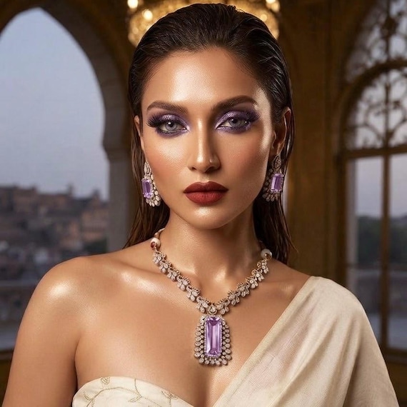 Lavender Amethyst Polki Fusion Victorian Necklace Set | Victorian Gold-Plated Bridal Jewelry | Pure Brass Base | POSHARO