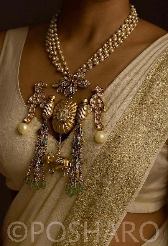 Royal Heritage Statement Necklace with Earrings Parrots and  Cow Motif Polki Kundan Luxe Ethnic Jewelry Set