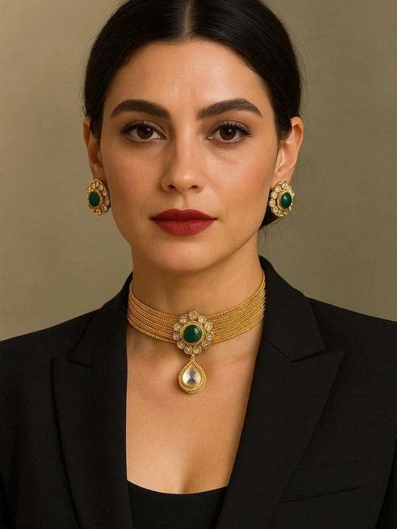Emerald Choker Necklace Set: 24k Gold Plated Bollywood Jewelry