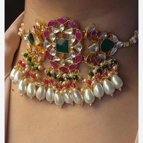 Paachi Kundan Choker Set with Pearls – Pink & Green Bridal Necklace with Hanging Earrings | Traditional Indian Wedding Jewelry | Posharo