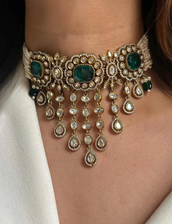 Emerald Green Polki Kundan Choker Necklace Set | Indian Bridal Statement Jewelry