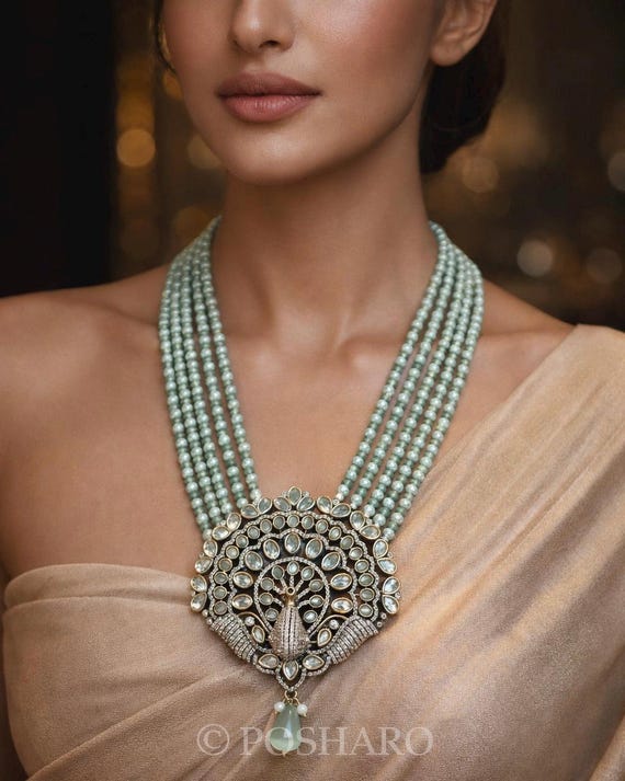 24 Inch Kundan Mala Necklace Set with Semi Precious Emerald Beads | Indian Bridal Jewelry | Polki Style Statement Necklace | Posharo