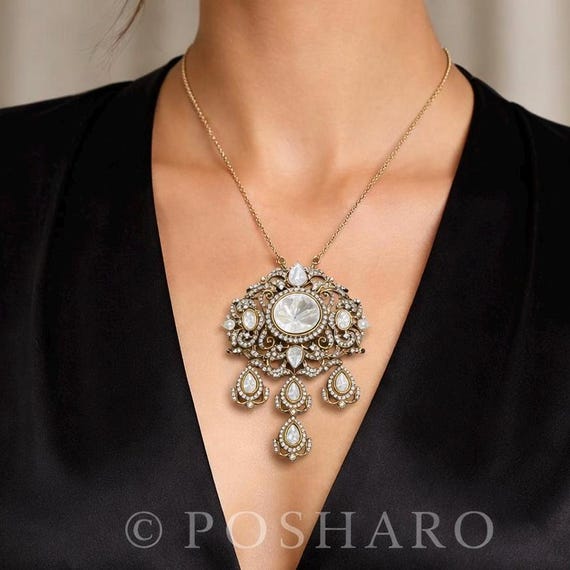 Moissanite Kundan Victorian Pendant Set | Antique Gold Statement Jewelry