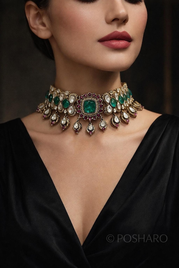 Gold Plated Victorian Choker Set: Emerald, Ruby & Moissanite Polki