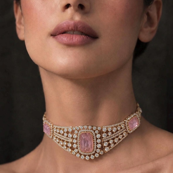 Rose Quartz Polki Choker Set | Elegant Minimal Bridal Jewelry | Wedding / Festive Wear | POSHARO