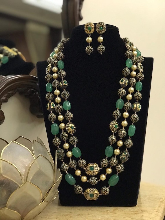 Sabyasachi Inspired fine Gold Plated Victorian green doublet stone  long necklace with premium quality pearls and beads | Rani Haar Necklace