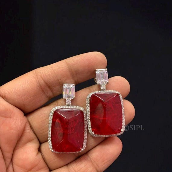 Indian Bollywood Statement Sabyasachi Inspired Moissanite CZ Earrings | Silver Plated | Red Ruby Doublet Stone | Bridal Jewelry