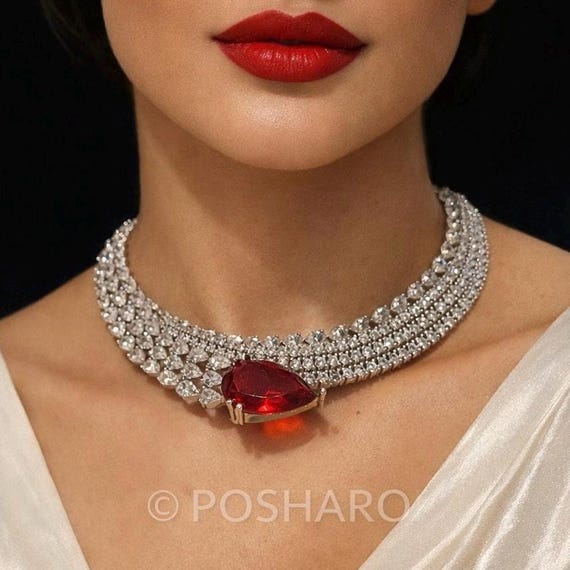 Ruby CZ Bridal Choker Necklace Set, Statement Dangler Earrings