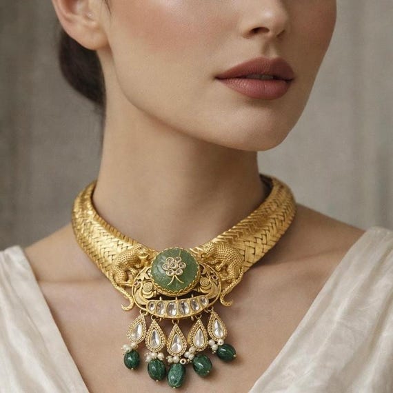 Sabyasachi Inspired Jaguar Motif Necklace Set – Emerald Temple Choker with Kundan Polki & Beads | Royal Bridal Statement Jewelry Set