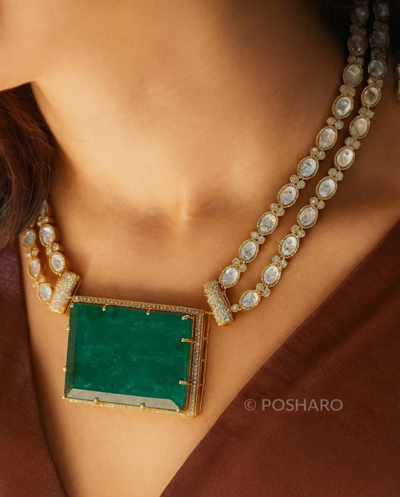 22k Gold Plated Polki Necklace Set: Green Emerald, Moissanite