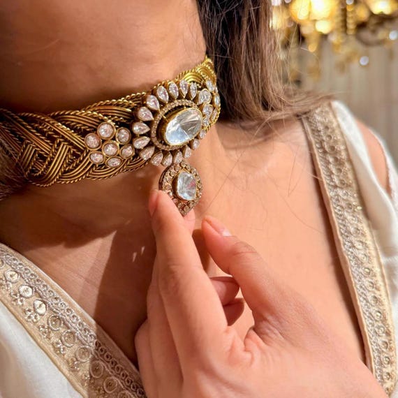 Moissanite Polki Choker Necklace Set: Gold-Toned Indian Bridal Jewelry