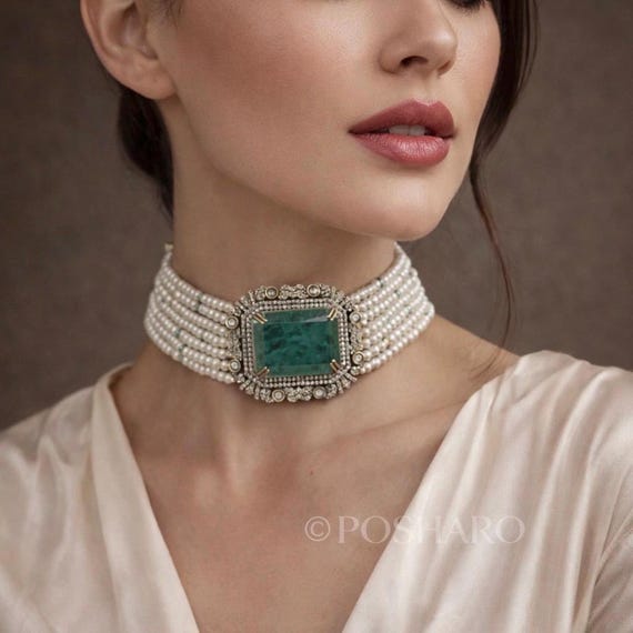 Emerald Polki Choker Set: Victorian Gold-Plated Kundan Necklace
