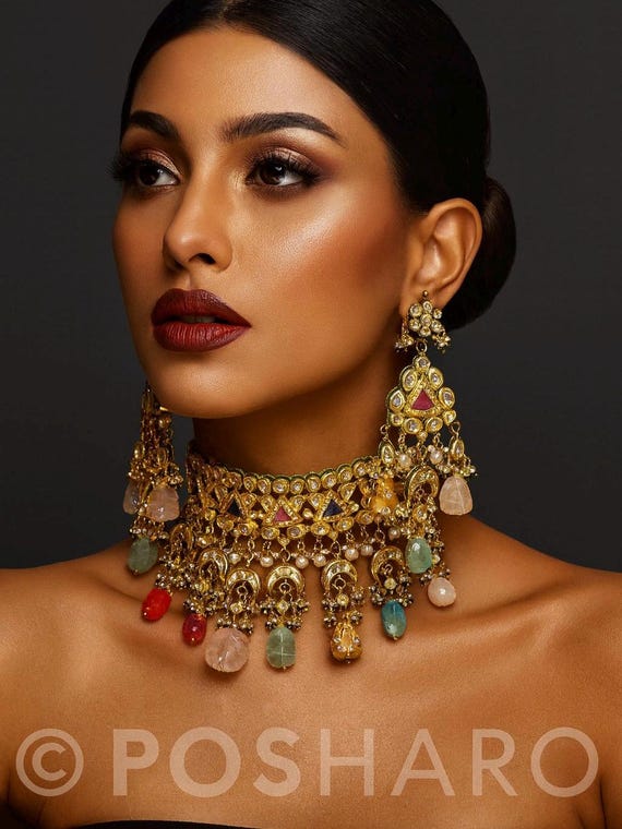Multicolor Kundan Choker Necklace Set | Bridal Indian Jewelry | Statement Choker with Earrings | Semi-Precious Stones