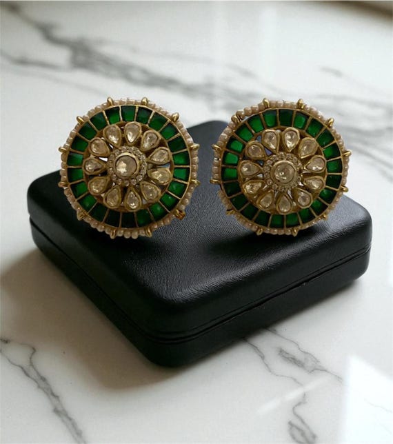 Sterling Silver Emerald Kundan Stud Earrings: Indian Bridal Jewelry
