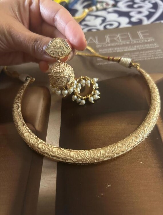 Traditional Sabyasachi-Inspired 24K Gold Plated Nakshi Hasli Necklace Set | Polki Jewellery Necklace with Earrings | Handmade Jewelry