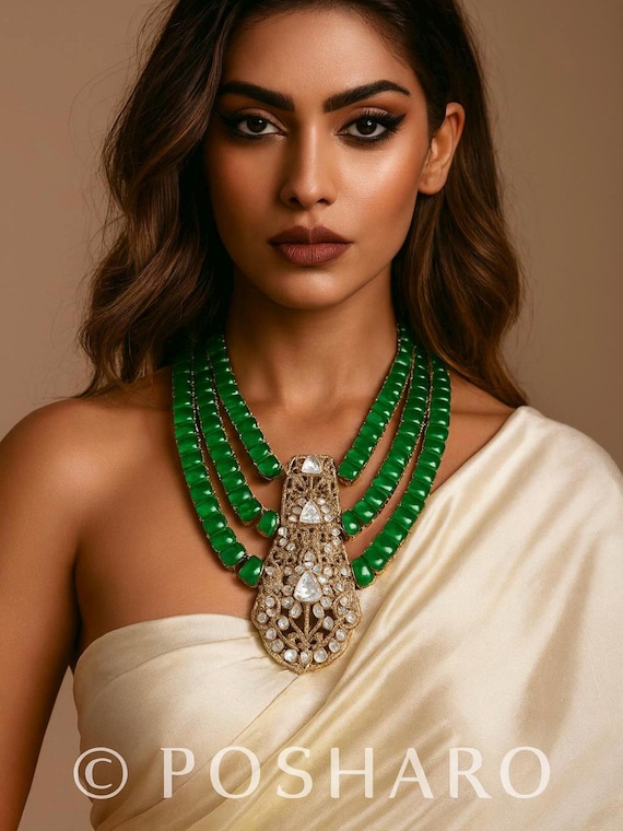 Moissanite Polki Necklace Set: Sabyasachi inspired Bridal green emerald Choker, Gold Plated Kundan