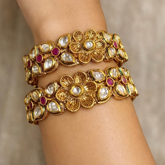Traditional Indian Kundan Kada Bangles – 22kt Gold Plated Statement Bridal Jewelry Size 2.8