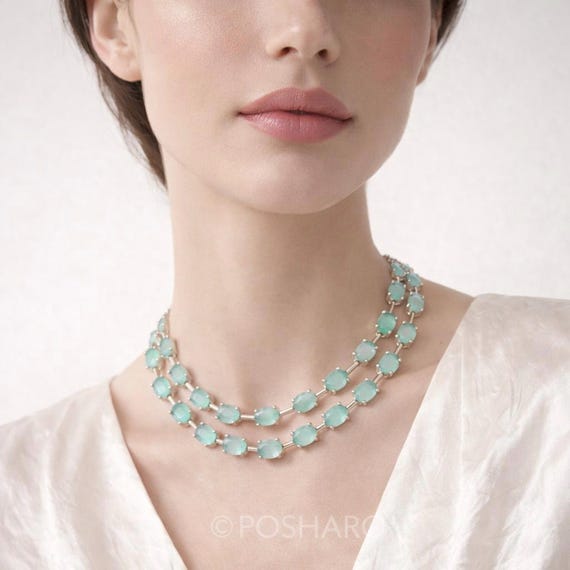 Aqua CZ Necklace Set – Mint Green Statement Jewelry Set with Matching Earrings | Modern Party & Wedding Jewelry