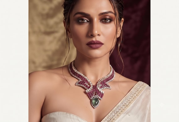 Emerald Moissanite Kundan Statement Necklace Set | Ruby Fusion Stones Bridal Jewelry