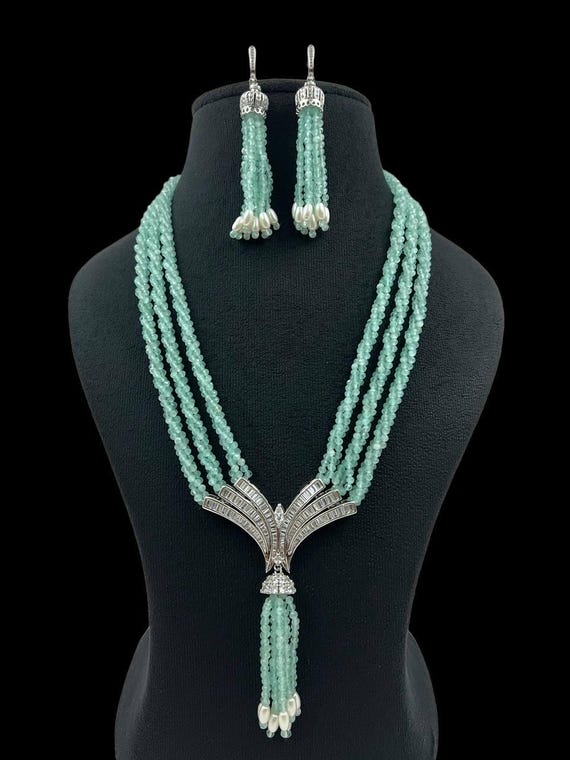 Baguette AD Pendant Long Necklace Set | Fine Knit Hydro Crystal Jewelry | Indian Statement Necklace | Festive Ethnic Jewelry Gift for Her