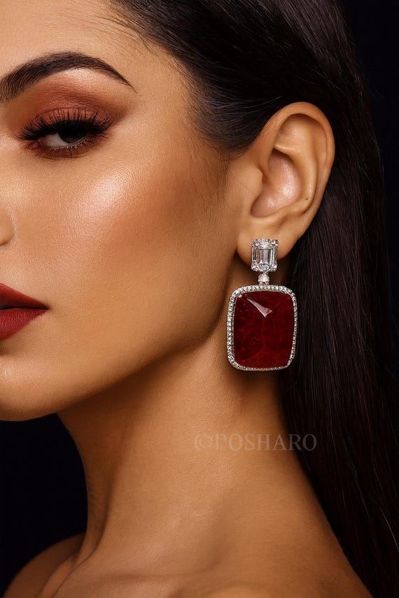 Moissanite CZ Bollywood Earrings: Sabyasachi Style, Ruby Red