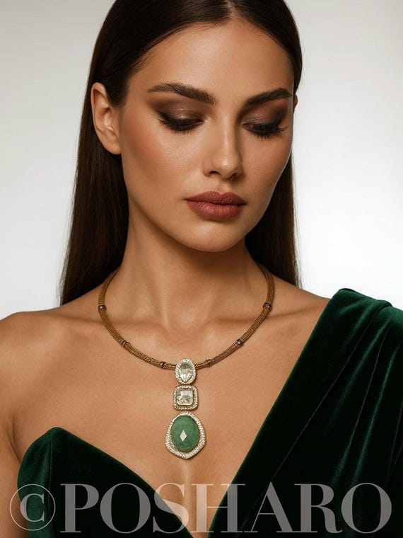 Emerald Doublet Polki Statement Necklace Set: 999 Silver Foil Polki Jewelry with Earrings