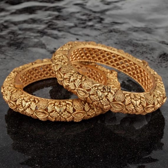 24K Gold Plated Indian Bangles – Traditional Kada Kangans, Size 2.8