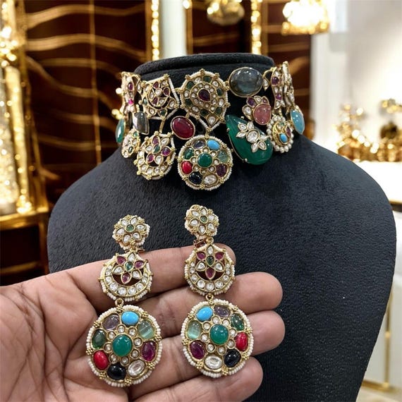Kundan Real Stone Choker Necklace Set | Traditional Indian Jewelry | Bridal Polki Choker with Earrings | Festive Jewelry Set