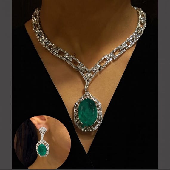 Emerald Green Statement Necklace Set | Bridal Jewelry | Luxury Wedding Necklace with Earrings