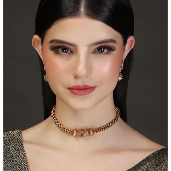 Bollywood indian fashion traditional Sabyasachi inspired Antique Gold plated elegant statement style necklace set or choker with earrings