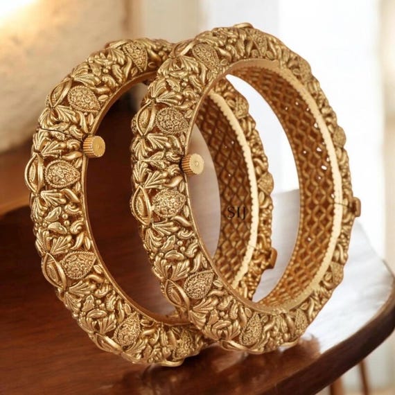 24K Gold Plated Indian Bangles - Traditional Kada Kangans, Size 2.6 (Set of 2)