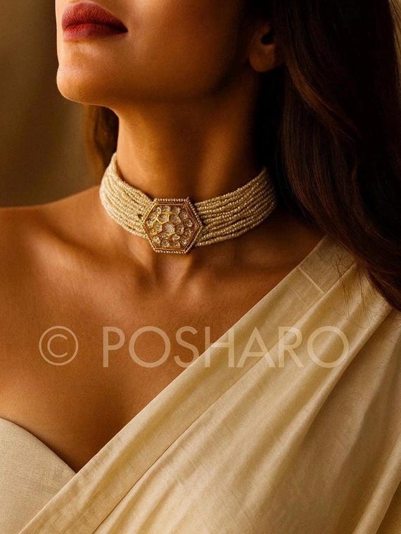 Gold Plated Polki Choker Necklace Set: Bollywood Indian Jewelry