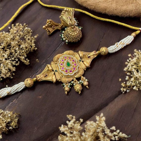 Zariya Matte Gold Choker and Earrings – A Timeless Indo-Western Elegance
