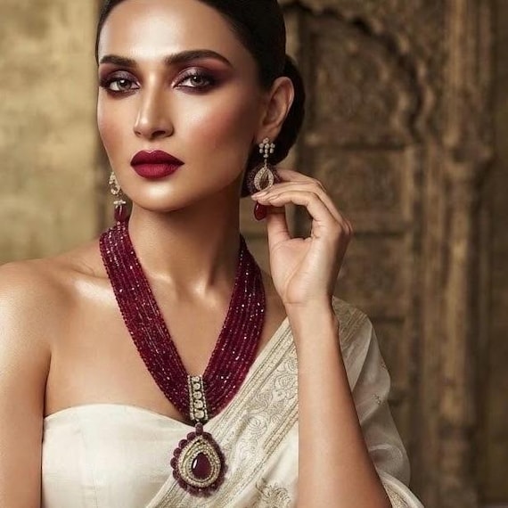 Red Ruby Polki Rani Haar Necklace Set: Gold Plated Silver Foil Jewelry Set with Earrings