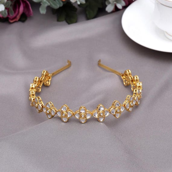 Indian traditional White and gold kundan hair band for women