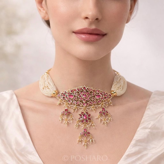 Ruby Pink Kundan Choker Necklace Set – Pearl Bridal Jewelry with Earrings