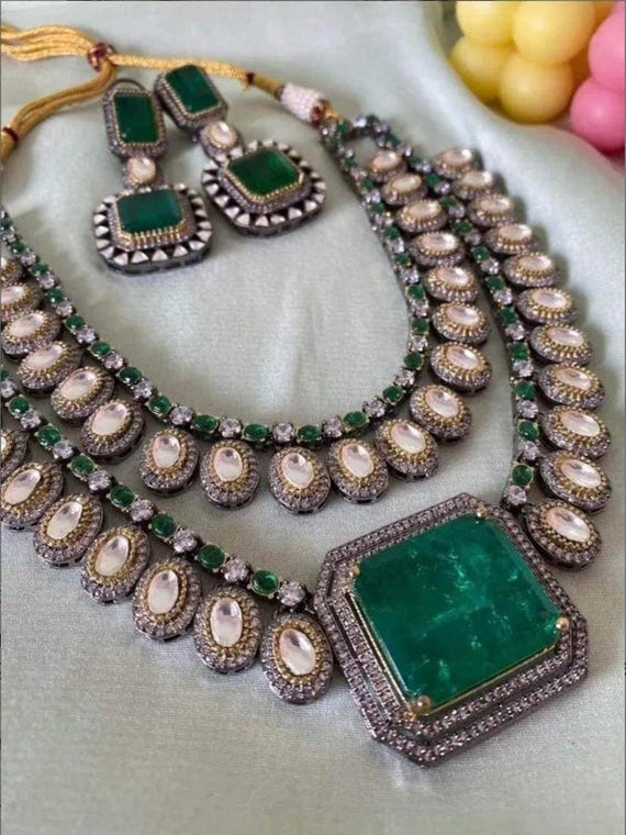 Moissanite Polki Necklace Set: Green Emerald Kundan, Gold Plated Bridal Jewelry