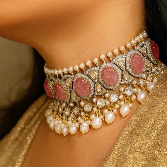 Gold Plated Polki Choker Necklace Set: Pink Stones, Pearls, Kundan