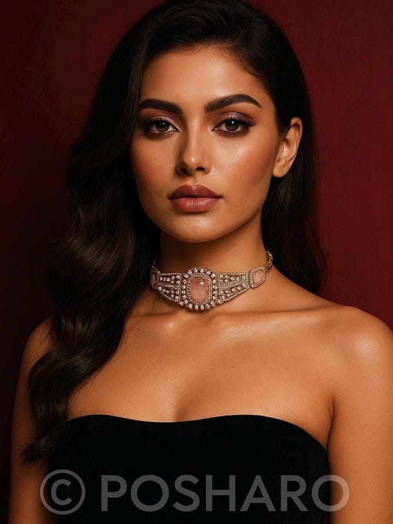 Rose Quartz Look Polki Choker Set | Elegant Minimal Bridal Jewelry | Wedding / Festive Wear | POSHARO