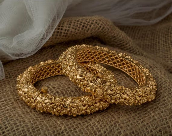 Antique Matte Gold Plated Bangles: Indian Kada Style, Size 2.4