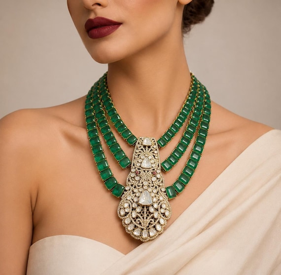 Moissanite Polki Necklace Set: Sabyasachi inspired Bridal green emerald Choker, Gold Plated Kundan