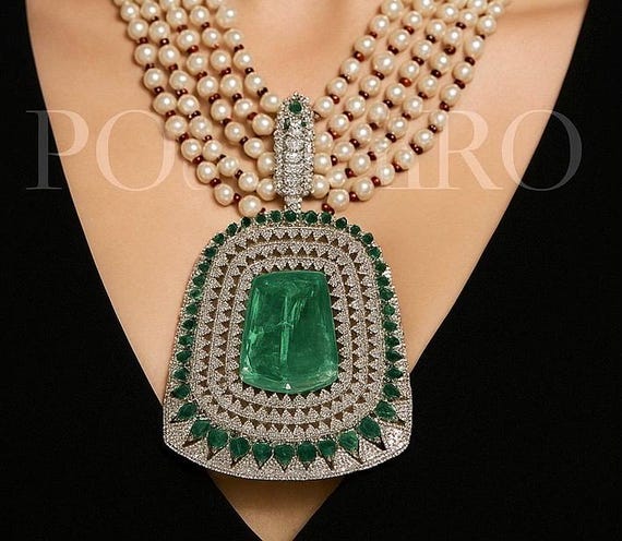 Bollywood Sabyasachi Inspired pastel green emerald stone CZ cubic zirconia pearls premium quality jewelry set, necklace with earrings