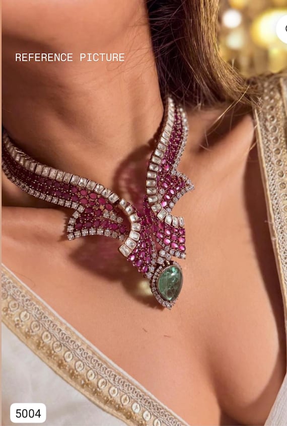 Emerald Moissanite Kundan Statement Necklace Set | Ruby Fusion Stones Bridal Jewelry