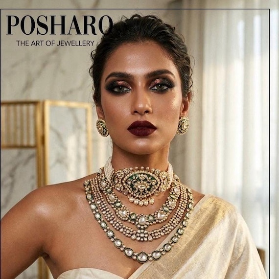 Royal Emerald Uncut Polki Kundan Bridal Set | Dual Layer Necklace with Statement Choker | Bollywood Inspired Indian Wedding Jewelry